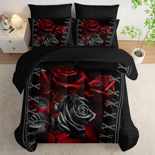 AILONEN Black and Red Rose Comforter Set Queen,7-Piece Flower Bed in a Ba,Soft Comforter & Fitted Sheet with Flat Sheet & 2 Pillowcases,2 Pillow Shams for Bedroom