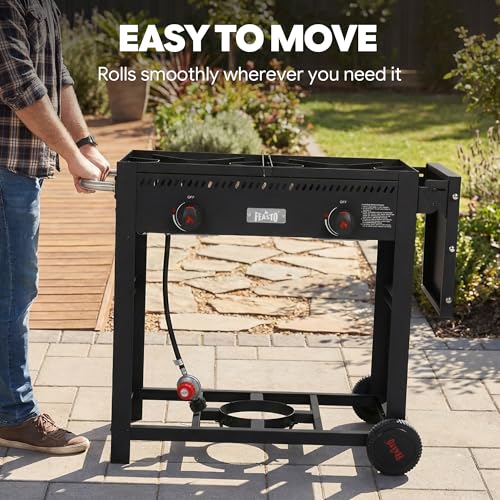 Image of Feasto Outdoor Propane Deep Fryer with Movable Cart, 36 QT 2-Burner Stove | 100,000 BTU Total, 2 x 18QT Aluminum Pots, 1 x 18QT Basket & 2 x 9QT Frying Baskets, Portable Fryer for Fish, Fries & Chicken