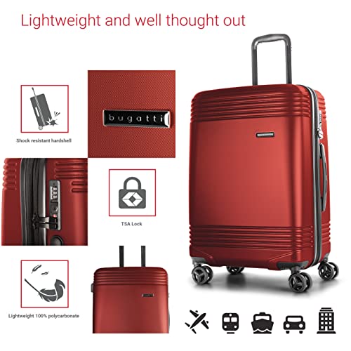 Bugatti Nashville Collection 3 Piece Hard Shell Luggage Set, Expandable Suitcases With 360-Degree Spinner Wheels, Retractable Handle, 20 Inch Carry On, 24 Inch Mid-Size, 28 Inch Large Bags, Red #TOP1