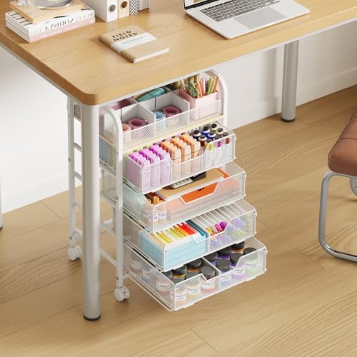 Image of 5-Tier Craft Organizer Cart with 5 Sets of DIY Dividers,Craft Organizers and Storage with Drawers,Lockable Wheels Rolling Utility Cart on Wheels,Art Supply Organizer,Ideal for Studio,Office,White