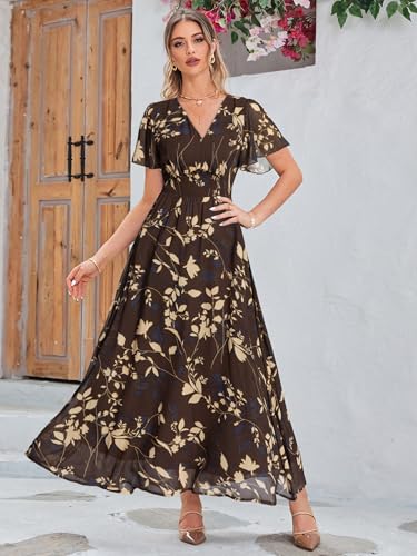 Image of Simplee Women's Boho Floral Maxi Dress Flowy Casual V Neck Short Sleeve Wedding Guest Holiday Beach Long Dress