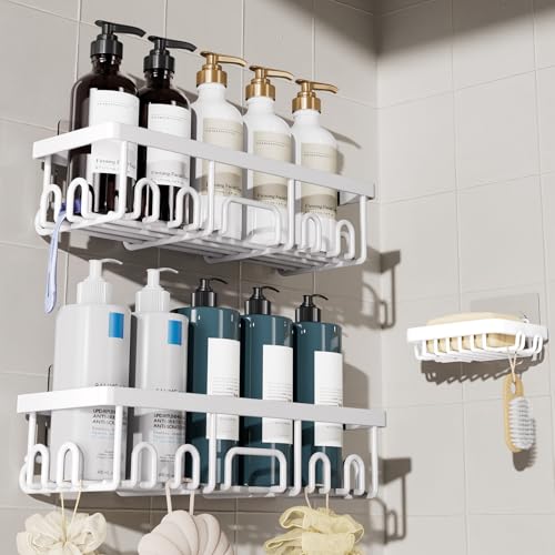 Image of Veken Shower Caddy 3-Pack, Advanced Rustproof Design, No Drilling Adhesive Shelves, Rack with Soap Holder, Large Capacity Bathroom Organizers and Storage, Wall-Mounted Kitchen & Home Decor, White