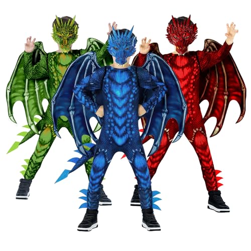 Morph Traje dragão azul para crianças, máscara de dragão, disfarces para meninos e meninas, carnaval e Halloween, M