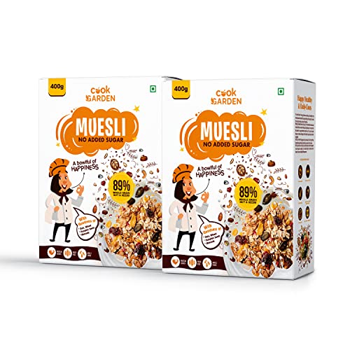 Image of CookGarden No Added Sugar Muesli 400g*Pack of 2 | Breakfast with 89% Whole Grains, Almond+ Seeds | Rich In Fiber, Protein & Energy