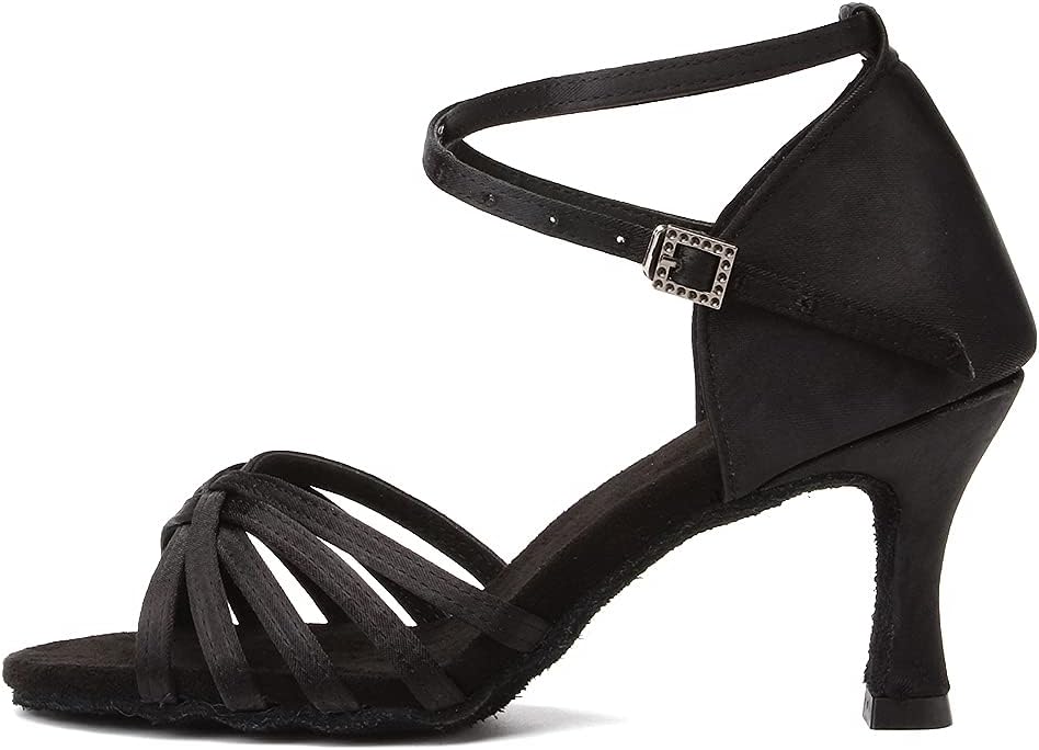 DKZSYIM Women's Satin Latin Dance Shoes Professional Ballroom Salsa Practice Performance Dancing Shoes,Model 213 7.5 Black-7cm Heels
