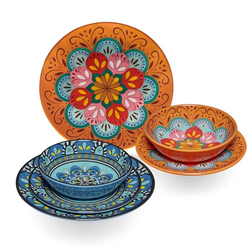 Melamin Geschirr Set Toskana Pastel für 2 Personen - 6 Teile - Orange-Blau - Mandala-Optik Spülmaschinengeeignet Essgeschirr Campingzubehör Campinggeschirr Wohnwagen Camping Festival Picknick Party