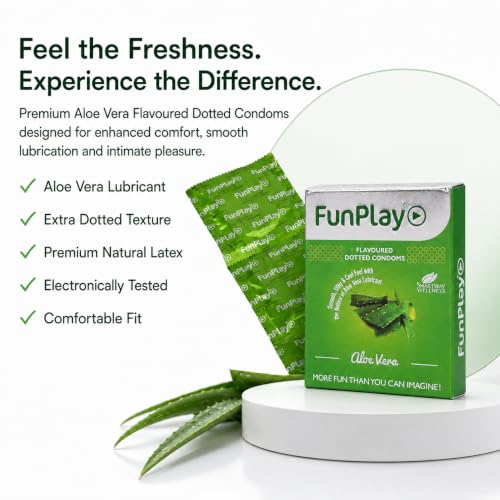 Image of FunPlay Aloe Vera Flavoured Dotted Condoms - 3 Pcs | Premium Latex for Men | Smooth Lubricated & Comfortable Fit | Soothing Aloe Vera Infused for Gentle Intimacy