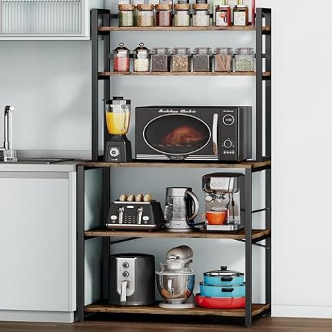 Denkee 31.5 Inch Width Bakers Rack for Kitchen, Industrial 5-Tier Microwave Stand with Storage, Freestanding Kitchen Stand Storage Shelf, Coffee Bar Stand (Rustic Brown) Cover