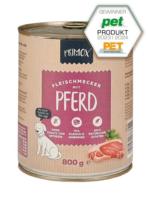 PRIMOX® Fleischmecker Hunde-Nassfutter | Getreidefrei | 70% Fleisch & Innereien | Made in Germany & 100% Natürlich | Omega-3 für Haut & Fell | Gluten- & Laktosefrei (Pferd, 6x800 g)