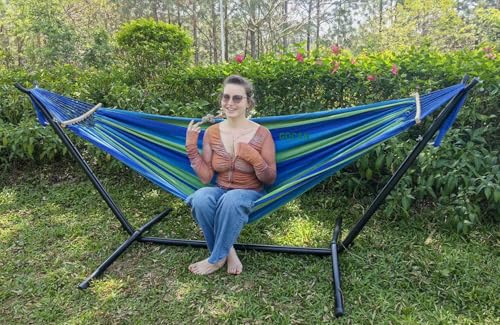 Image of GOCAN Double Hammock 2 Person Large 220x160cm with Steel Stand and Removable Spreader bar Load 500lb, Canvas Cotton Hammocks for Patio Porch Garden Backyard Outdoor and Indoor, Blue