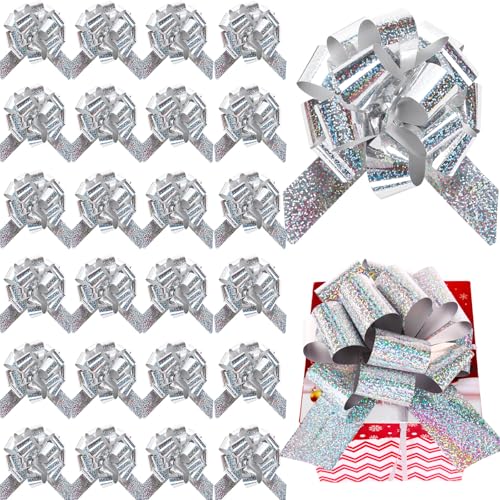 WILLBOND 24 Pieces 6 Inch Christmas Pull Bows Bulk for Wrapping Gift Large Bow with Ribbon Assorted Bows Pull String for Christmas Basket Party Present, Birthday, Wreath, Gift Basket (Silver)