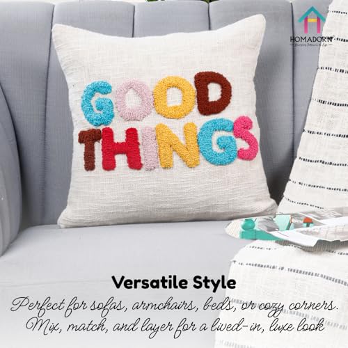Image of HOMADORN 100% Cotton Hand Tufted Cushion Cover | Text Pattern Decorative Pillow Case | Boho Sofa Cushion Cover for Living Room | Soft & Durable | (16x16 Inches) (1, Good Things Multicolor)
