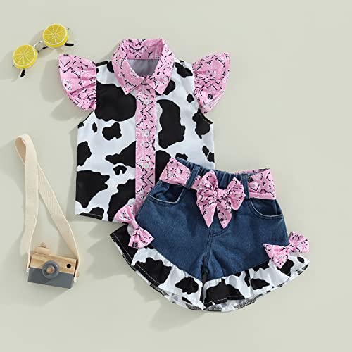 Western Kid Girls Denim Shorts Outfits 1-6T Toddler Baby Ruffle Cow Print Shirt Button Down Tops Belted Jeans Shorts2