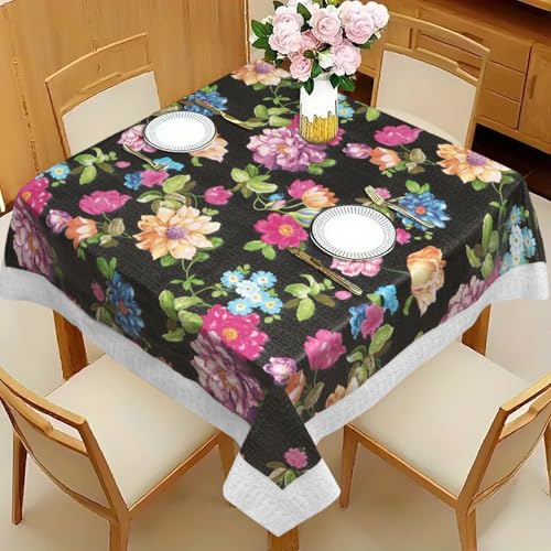 Image of Dakshya Industries PVC Waterproof Square Table Cover 48x48 Inch for 4 Seater Dining Table | Floral Printed Oilproof Stain Resistant Washable Plastic Table Cover, Black Flower