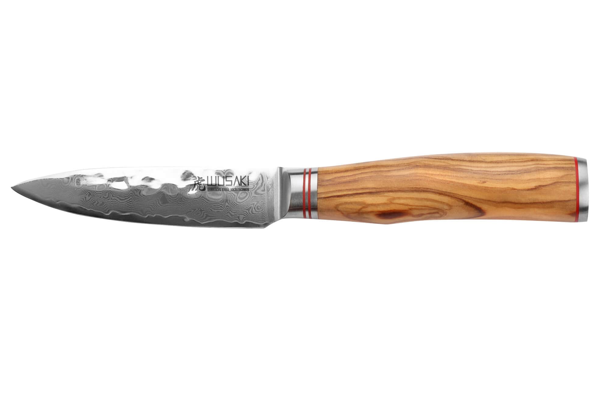 Wusaki - Couteau d'Office Design Japonais Lame Damas 9cm en Acier Inox 10Cr Manche Olivier - Vendu dans un Coffret Cadeau