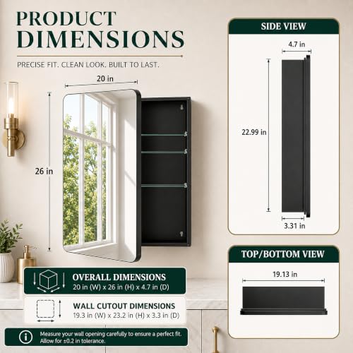 Image of 20x26 Black Medicine Cabinet with Mirror, Recessed & Surface Mount
