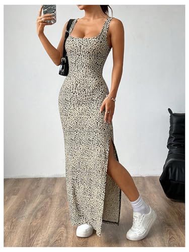 GORGLITTER Women's Cheetah Leopard Print Backless Bodycon Tank Dress Twist Sleeveless Summer Maxi Long Sundresses2