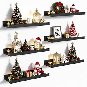 upsimples Floating Shelves for Wall, Wall Shelves for Decor Storage Set of 6, Wall Mounted Wood Shelf for Bedroom, Living Room, Bathroom, Kitchen, Picture Ledge Shelf, Black