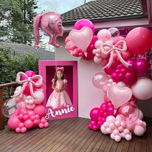 Image of Princess Pink Foil Balloon Set - 5pcs Pink Bow Balloons, Crown Girl Doll Foil, and Heart Balloons For Makeup, Girl Birthday, Tea Party, Coquette Photo Booth, Ballerina Backdrop