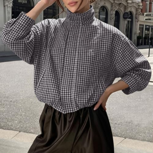 Cethrio Funnel Jacket Women Funnel Neck Jacket Women Plaid Bomber Jackets Gingham Coats Cropped Zipper Fall 2026 Fashion Chaqueta Deportiva Para Mujer Dressly Capsule Wardrobe - image 2