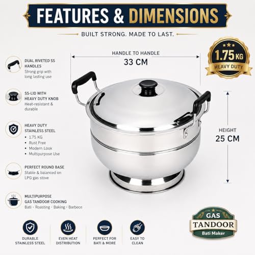 Image of Stainless Steel Bati Cooker & Gas Tandoor for Home Kitchen | Heavy Ghee Pot | Free SS Tong | Multi-Purpose Gas Oven with Heavy Duty Lid, Dual Riveted Handle (Regular)