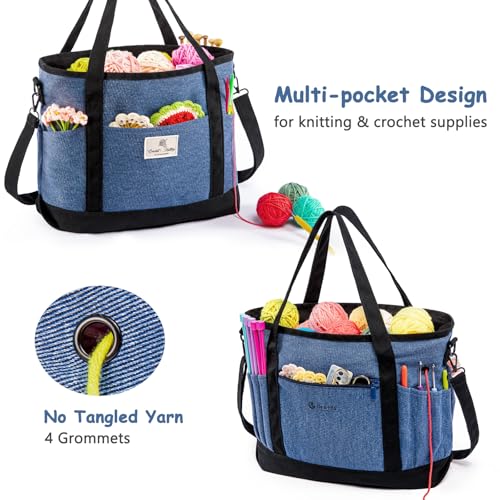 Image of MYBAGZING Canvas Yarn Storage Organizer Bag Washable Crochet Bag with Pockets for Yarn, Hooks, Needles - Travel Knitting Tote for Crafters - Gift for Crocheters & Knitters (Medium /Large)