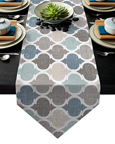 HELLOWINK 90Inch Burlap Table Runners for Dinning Room, Blue Gray, Cotton Linens Table Runner Table Cloth for Wedding Party Holiday Home Decor(Moroccan Plaid Geometric)