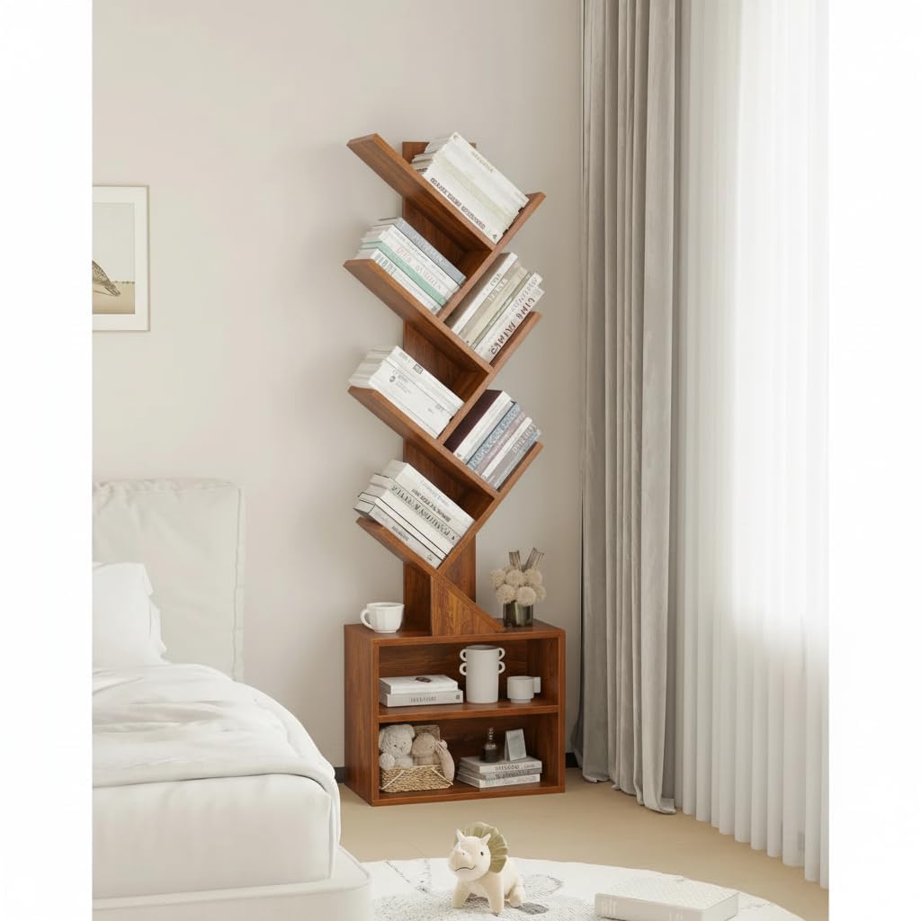Solid Sheesham Wood Book Shelf | Wooden Tree Shape Bookshelf | Free Standing Bookcase with Open 7 Shelf & One Drawer Storage | Tall Display Unit Book Stand (A-Hony)