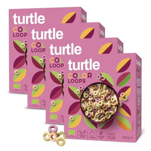 Turtle Cereal Better Breakfast – Color Loops Gluten Free Cereal 300g (Pack of 4) Organic, Vegan, Raspberry & Currant Flavour, High Fibre, 25% Less Sugar, Children’s Healthy Breakfast