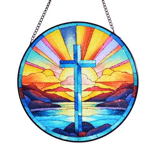 Stained Glass Cross Window Hanging, 8''/20CM Suncatchers for Windows Diamond Textured Glass Cross Decorative Hanging Ornaments Stained Glass for Chirstmas Suncatcher Window Panel Gift Home Decor