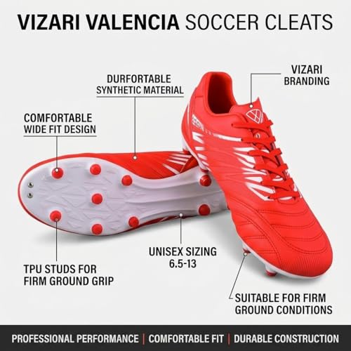 Image of Vizari Valencia Firm Ground Soccer Cleats for Men & Women - Adult Football Shoes with Wide Fit, TPU Studs, Comfortable Design, Size 6.5 to 13 (Unisex)