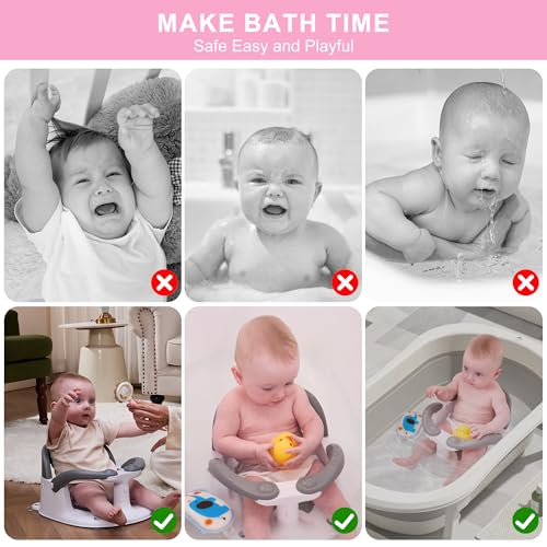 Image of Baby Bath seat for Babies 6 Months & up, 360 Stable Toddler Bath Chair with one-Touch Button, Back Hollow Design, Water Temperature Card & 4 Suction Cups for Safety (Pink)