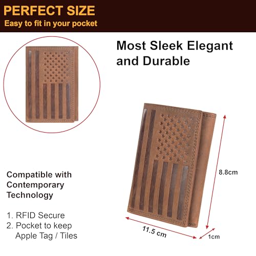 Image of ASAD Leather Slim Everyday Trifold Wallet with ID Window and Multiple Card Slots | Genuine Leather Double Stitched RFID Blocking Stylish | Gift for Him | Brown Crazy Horse American Flag Design