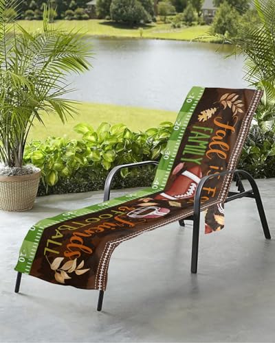 Fall Thanksgiving Beach Chair Towel Covers for Chaise Lounge with Side Pocket, Soft Plush Pool Towels Cover for Patio Sunbathing Outdoor 29''x85'' Brown Football Baseball Leaves