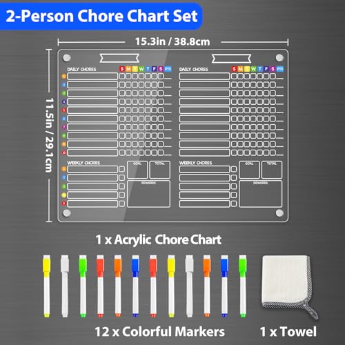 Image of PigPotParty 2-in-1 Acrylic Magnetic Chore Chart for 2 Kids, Large 16x12 in