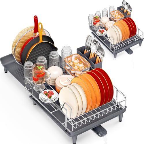 Image of NTD Expandable Dish Drying Rack for Kitchen Counter, 16.7 inch-26.8 inch, Gray | Large Multifunctional Dish Drainers, Anti-Rust, with Cutlery & Cup Holders, Self-Draining Drainboard, FIts for 4-5 People