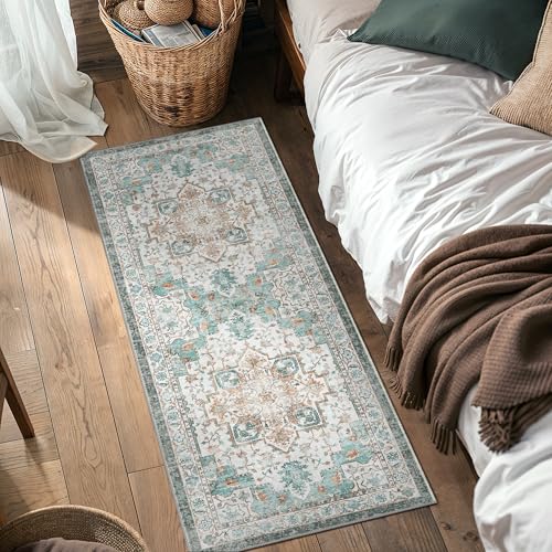GENIMO 2x7 Runner Rugs for Hallway, Machine Washable Non Slip Vintage Rugs, Low Pile Lightweight Soft Print Rug for enrtyway, Corridor, Home Office, Kitchen, Cyan