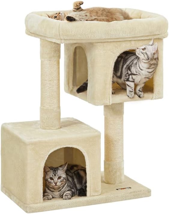 Feandrea Cat Tree, 33.1-Inch Cat Tower, L, Cat Condo for Large Cats up to 16 lb, Large Cat Perch, 2 Cat Caves, Scratching Post, Beige UPCT61M