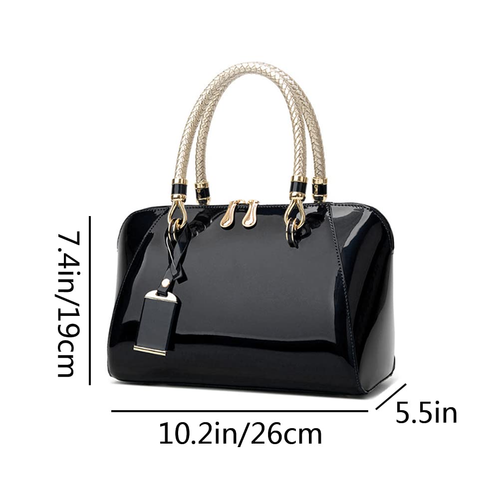 YAQUNICER Top-handle Handbags Purse Satchel for Women Patent PU Shoulder Crossbody Bag Middle Tote-Black