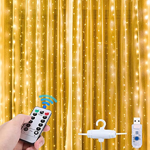 KAGAWA 300 LED Window Curtain Fairy Lights USB Remote Control Bedroom Wall Hanging Light for Bedroom, Outdoor String Lights for Party Wedding Decorations Indoor Twinkle Lights for Window (Warm White)