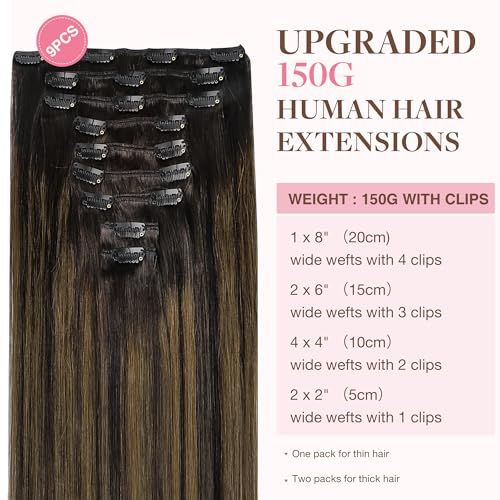 Image of GOO GOO Clip in Hair Extensions Real Human Hair, Remy Human Hair Extensions Clip ins for Women, Natural Human Hair, 20inch 150g 9Pcs, 2 /6 /2 Balayage Dark Brown to Chestnut Brown