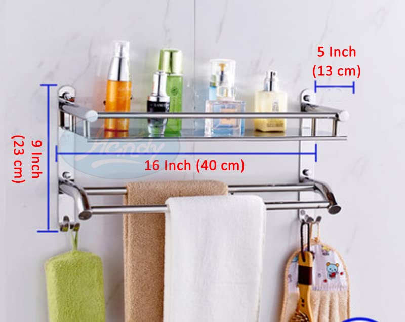 HANDY Stainless Steel Bathroom Accessories Luxurious 2 Layer Bathroom Shelf with Towel Rod and Hook Multipurpose Wall Mount Bathroom Shelves with Hook (Silver - 16 x 5 x 9 Inch) (Image - 2)