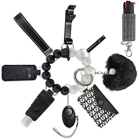 Auxu Keychain Set for Women and Girls Includes Beaded Wristlet, Pom Pom, Credit Card Puller and Personal Alarm Cover