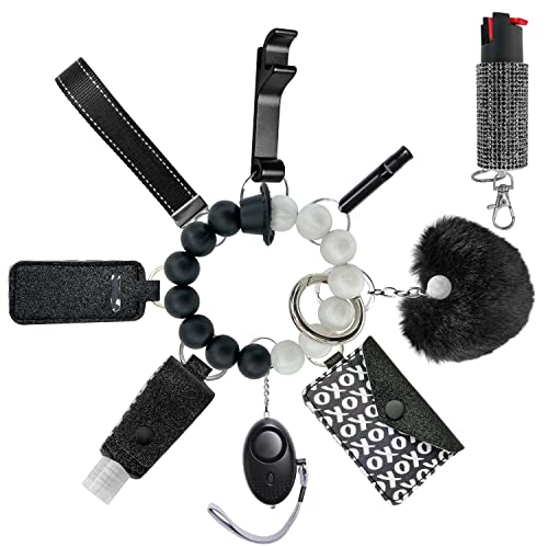 Auxu Keychain Set for Women and Girls Includes Beaded Wristlet, Pom Pom, Credit Card Puller and Personal Alarm