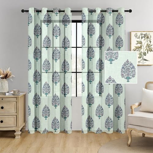 Image of Cortina Linen Printed Sheer Curtain Set of 2 Eyelet Ring Hanging, Floral Printed Curtains Non Blackout Light Filtering Curtains (Green, 9FT)
