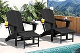 SERWALL Folding Adjustable Adirondack Chairs with Footrest Set of 2, HDPE Outdoor Chair with Dual Cup Holders, All Weather Adirondack Chair with Ottoman, Black