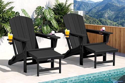SERWALL Folding Adjustable Adirondack Chairs with Footrest Set of 2 HDPE Outdoor Chair with Dual Cup Holders All Weather Adirondack Chair with Ottoman Black
