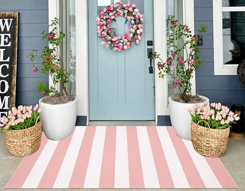 3x5 Outdoor Rug Washable Pink and White Striped Porch Rug Cotton Woven Farmhouse Front Door Mats for Porch/Entryway/Home Entrance Decor/Bedroom/Laundry Room/Patio/Front Door