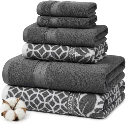 Image of Modern Threads 6 Piece Bath Towel Set,Bathroom Set with 2 Bath Towels, Hand Towels,Wash Cloths100% Cotton, Super Absorbent & Extra Soft - Reversible Botanical Vine (Gray), Medium (Pack of 8)