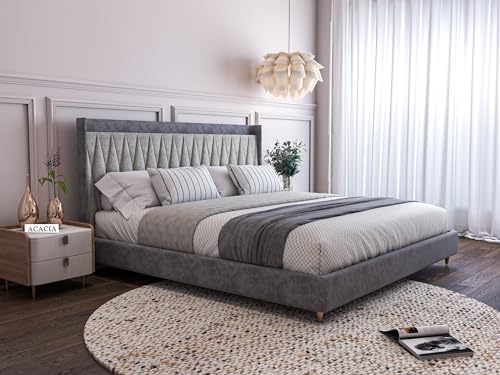 Image of Acacia Modern Upholstered King Size Bed for Bedroom | Wooden Double Bed | Platform Cot Bed with Upholstery Premium Fabric | 6.5 x 6 Ft | Sheesham Solid Wood, Rosewood, Greydust